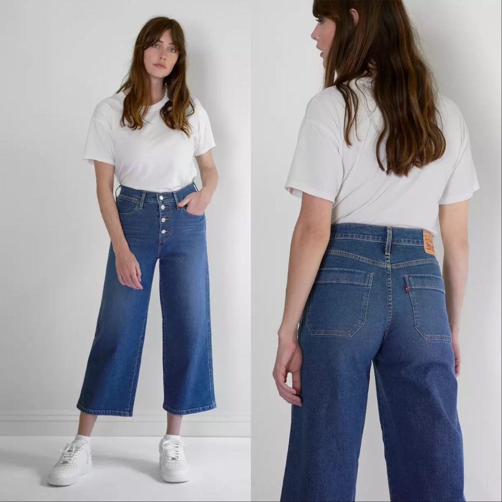 Levis Mile High Cropped Wide Leg Sun Devil Heat Wash Button Fly Stretch Jeans